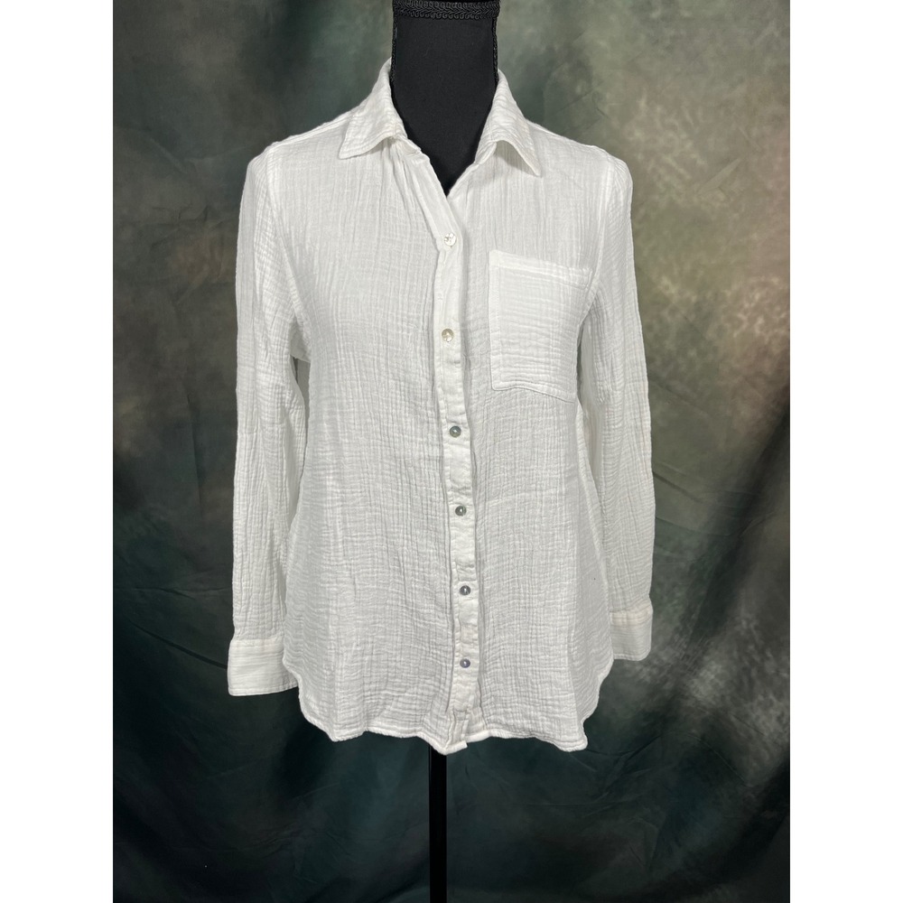 Lola River White Crinkle Gauze Cotton Button Down Shirt Womens Medium